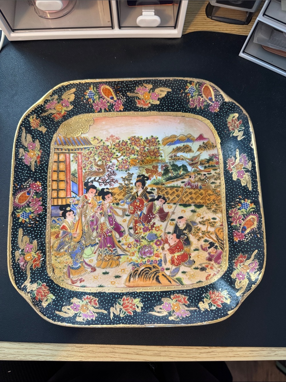 Vintage Royal Satsuma Square Porcelain Bowl Moriage Gold Gilt Dish